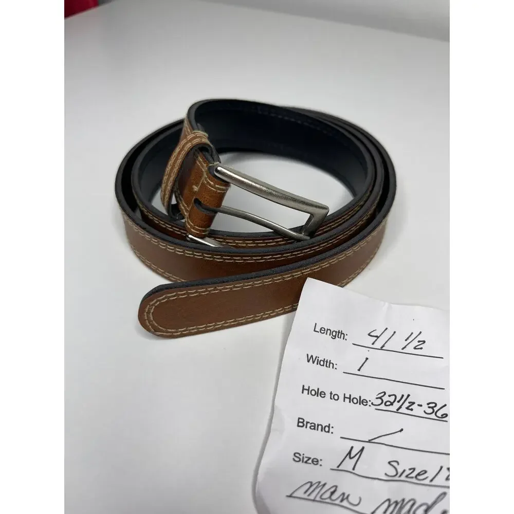 Vintage Women’s Brown Faux Leather Belt, Silver Buckle, Contrast Stitching 41.5”